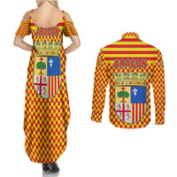 Aragon Flag Couples Matching Summer Maxi Dress and Long Sleeve Button Shirt Autonomous Community of Spain - Wonder Print Shop