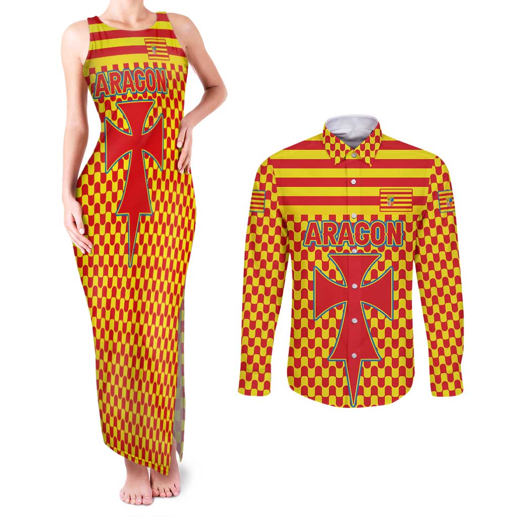 Aragon Flag Couples Matching Tank Maxi Dress and Long Sleeve Button Shirt Autonomous Community of Spain - Wonder Print Shop