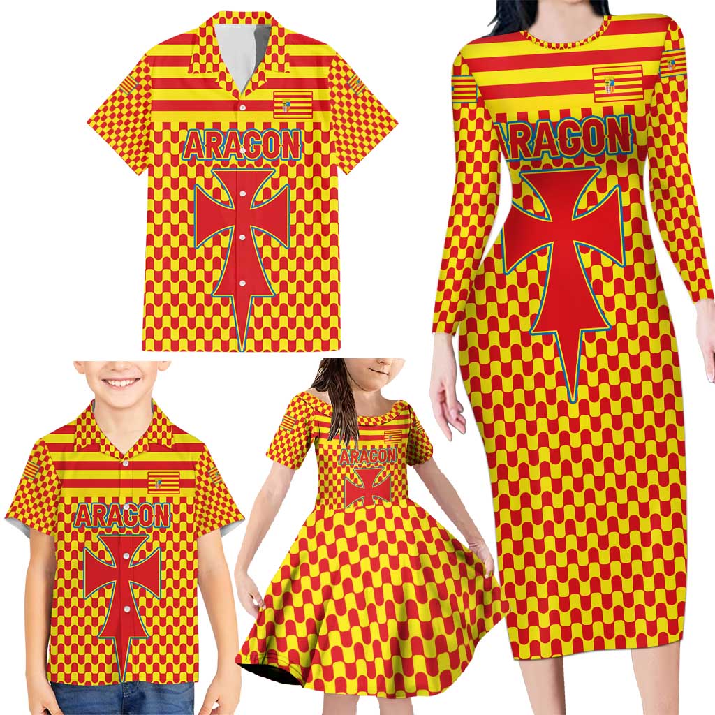 Aragon Flag Family Matching Long Sleeve Bodycon Dress and Hawaiian Shirt Autonomous Community of Spain - Wonder Print Shop