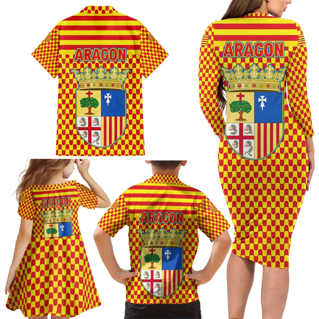 Aragon Flag Family Matching Long Sleeve Bodycon Dress and Hawaiian Shirt Autonomous Community of Spain - Wonder Print Shop