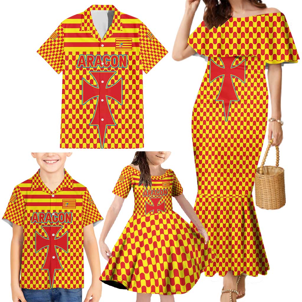 Aragon Flag Family Matching Mermaid Dress and Hawaiian Shirt Autonomous Community of Spain - Wonder Print Shop