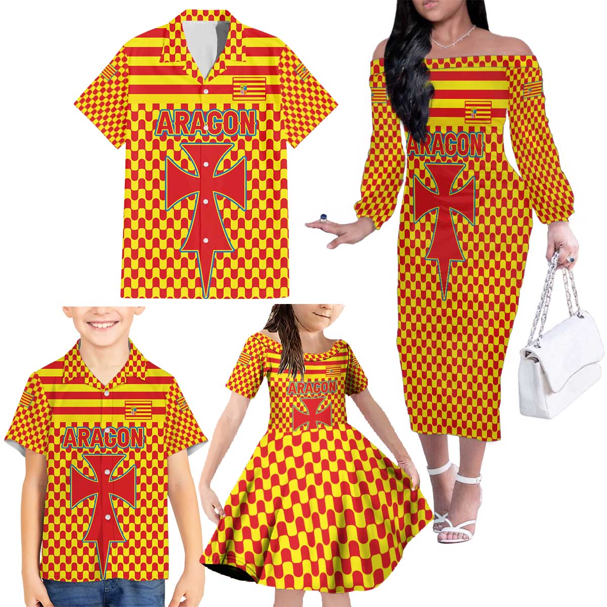Aragon Flag Family Matching Off The Shoulder Long Sleeve Dress and Hawaiian Shirt Autonomous Community of Spain - Wonder Print Shop
