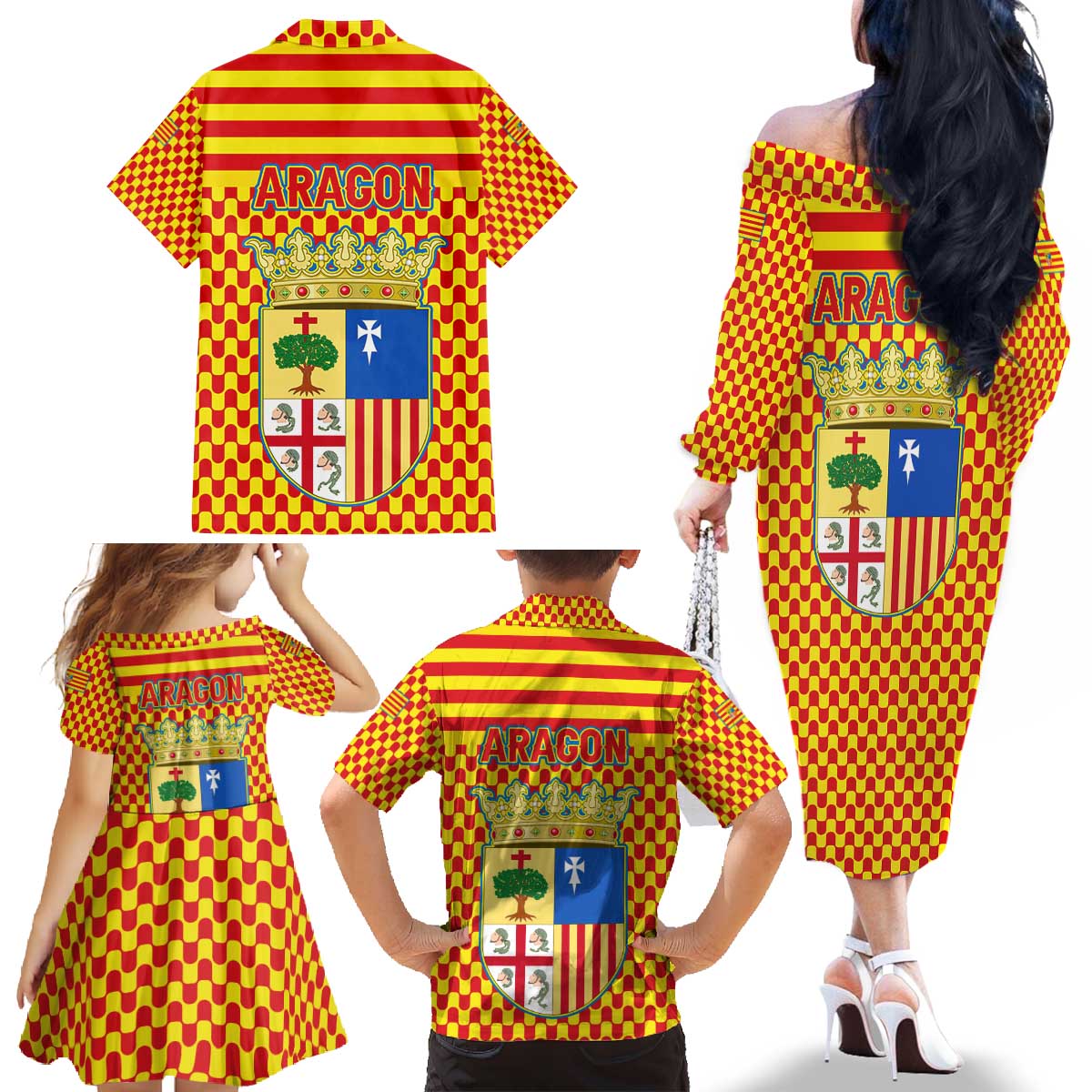 Aragon Flag Family Matching Off The Shoulder Long Sleeve Dress and Hawaiian Shirt Autonomous Community of Spain - Wonder Print Shop