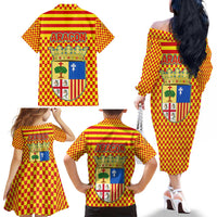 Aragon Flag Family Matching Off The Shoulder Long Sleeve Dress and Hawaiian Shirt Autonomous Community of Spain - Wonder Print Shop