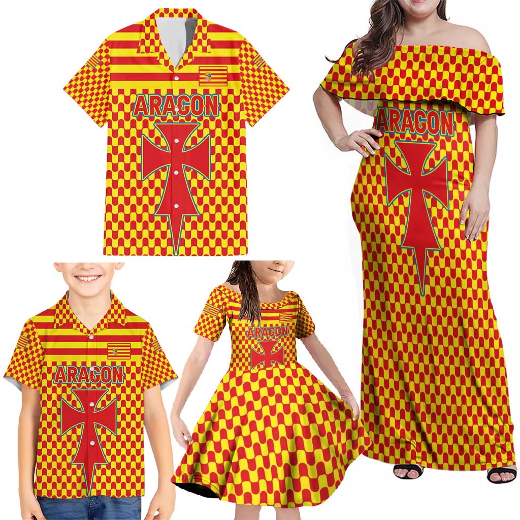 Aragon Flag Family Matching Off Shoulder Maxi Dress and Hawaiian Shirt Autonomous Community of Spain - Wonder Print Shop