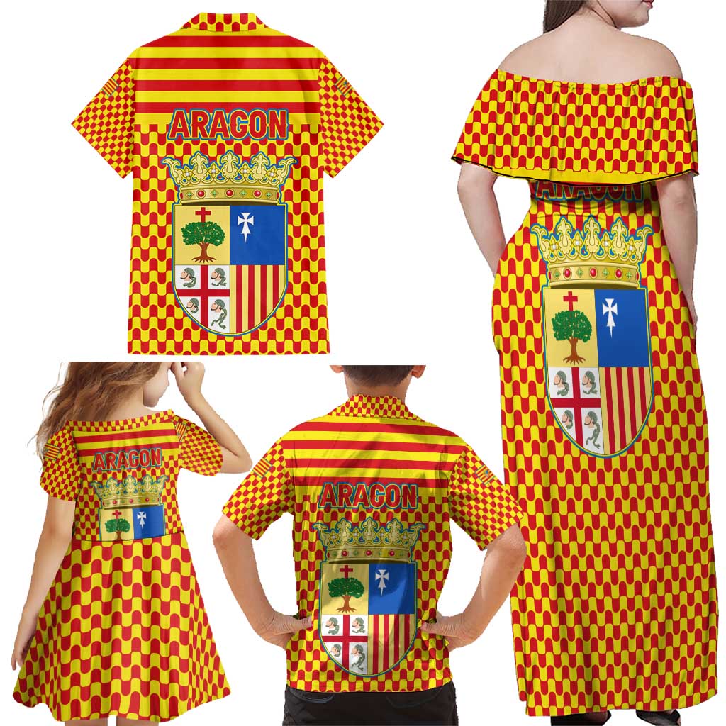 Aragon Flag Family Matching Off Shoulder Maxi Dress and Hawaiian Shirt Autonomous Community of Spain - Wonder Print Shop