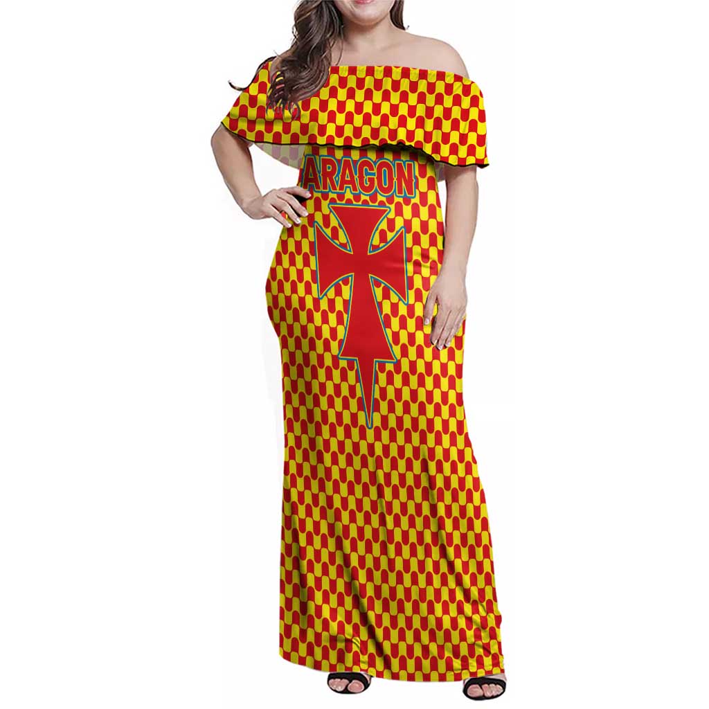 Aragon Flag Family Matching Off Shoulder Maxi Dress and Hawaiian Shirt Autonomous Community of Spain - Wonder Print Shop