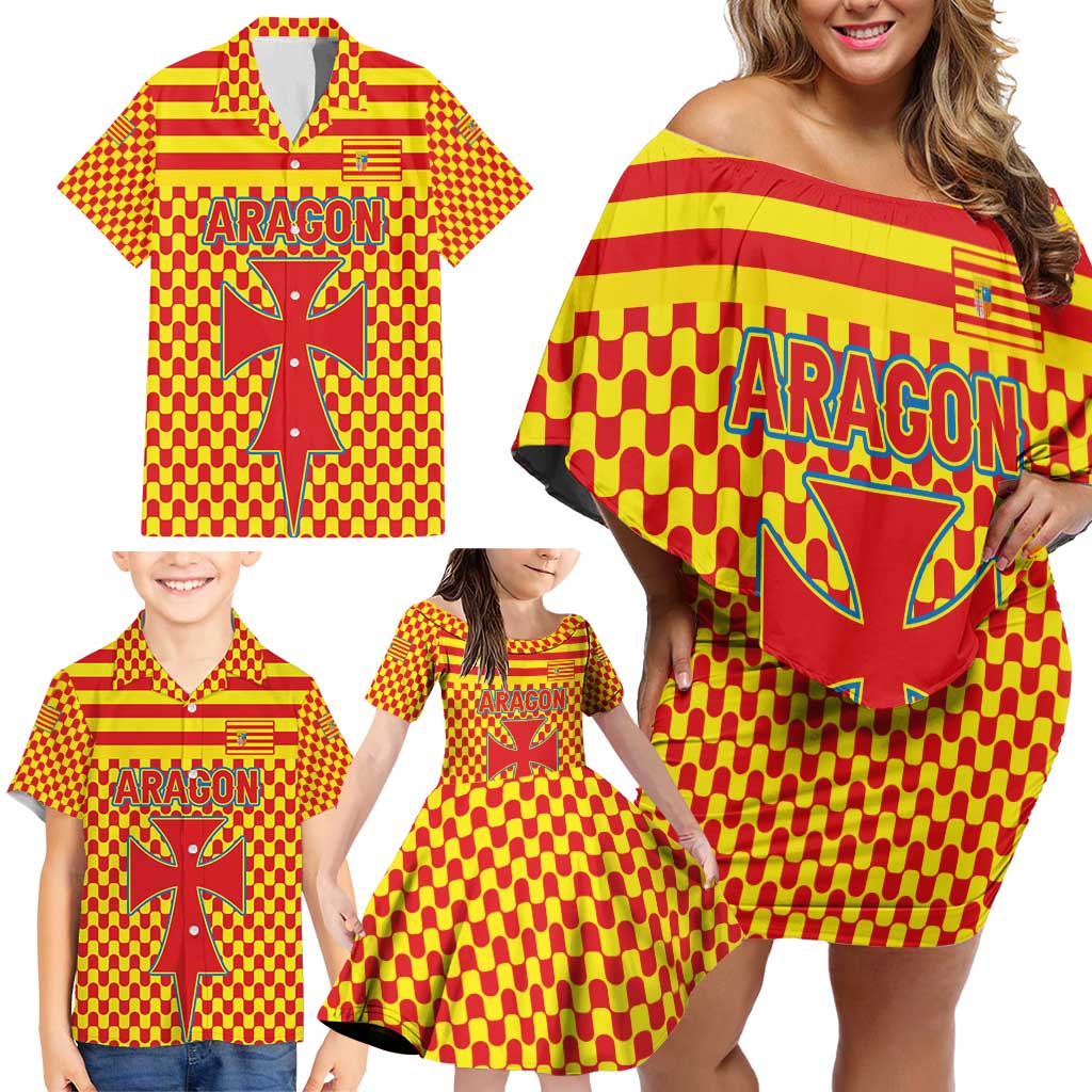 Aragon Flag Family Matching Off Shoulder Short Dress and Hawaiian Shirt Autonomous Community of Spain - Wonder Print Shop
