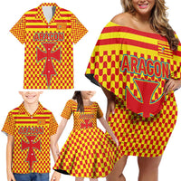 Aragon Flag Family Matching Off Shoulder Short Dress and Hawaiian Shirt Autonomous Community of Spain - Wonder Print Shop
