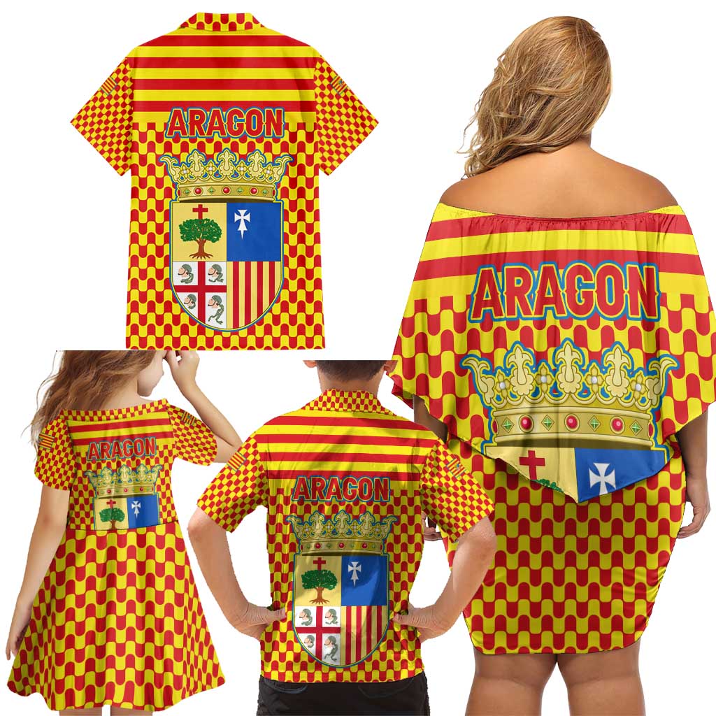 Aragon Flag Family Matching Off Shoulder Short Dress and Hawaiian Shirt Autonomous Community of Spain - Wonder Print Shop