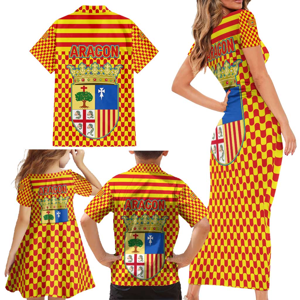 Aragon Flag Family Matching Short Sleeve Bodycon Dress and Hawaiian Shirt Autonomous Community of Spain - Wonder Print Shop