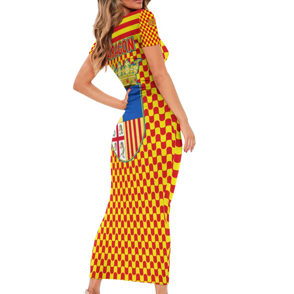 Aragon Flag Family Matching Short Sleeve Bodycon Dress and Hawaiian Shirt Autonomous Community of Spain - Wonder Print Shop
