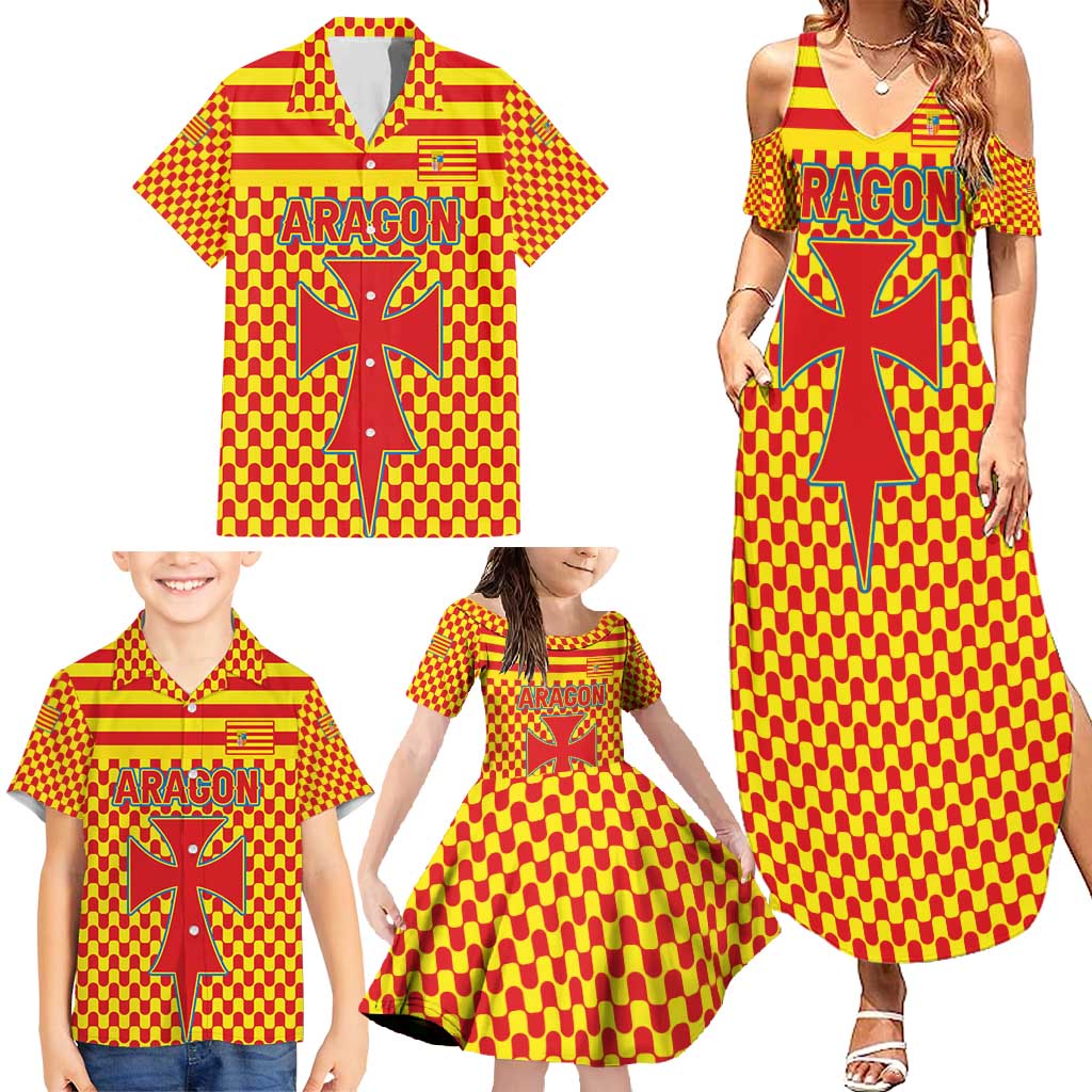 Aragon Flag Family Matching Summer Maxi Dress and Hawaiian Shirt Autonomous Community of Spain - Wonder Print Shop