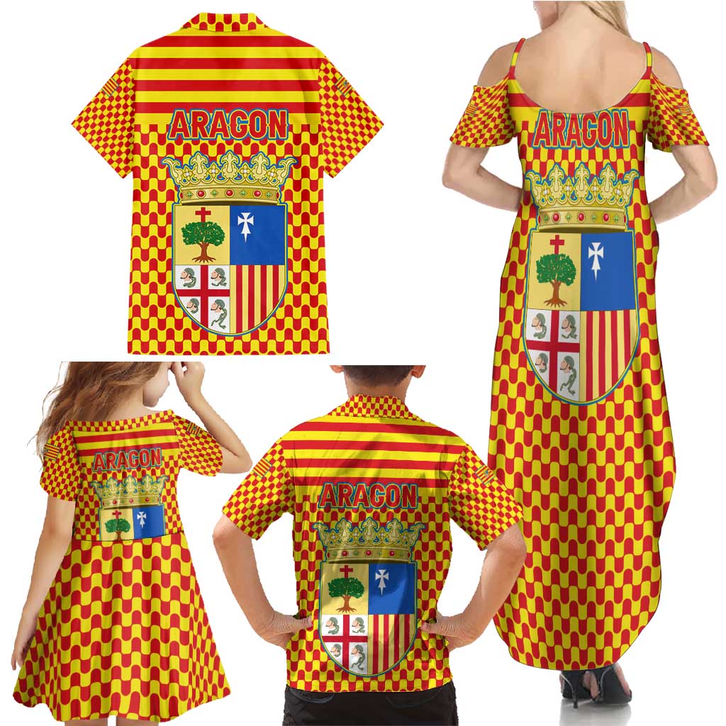 Aragon Flag Family Matching Summer Maxi Dress and Hawaiian Shirt Autonomous Community of Spain - Wonder Print Shop
