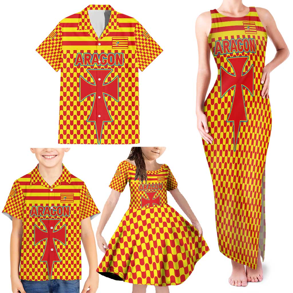 Aragon Flag Family Matching Tank Maxi Dress and Hawaiian Shirt Autonomous Community of Spain - Wonder Print Shop