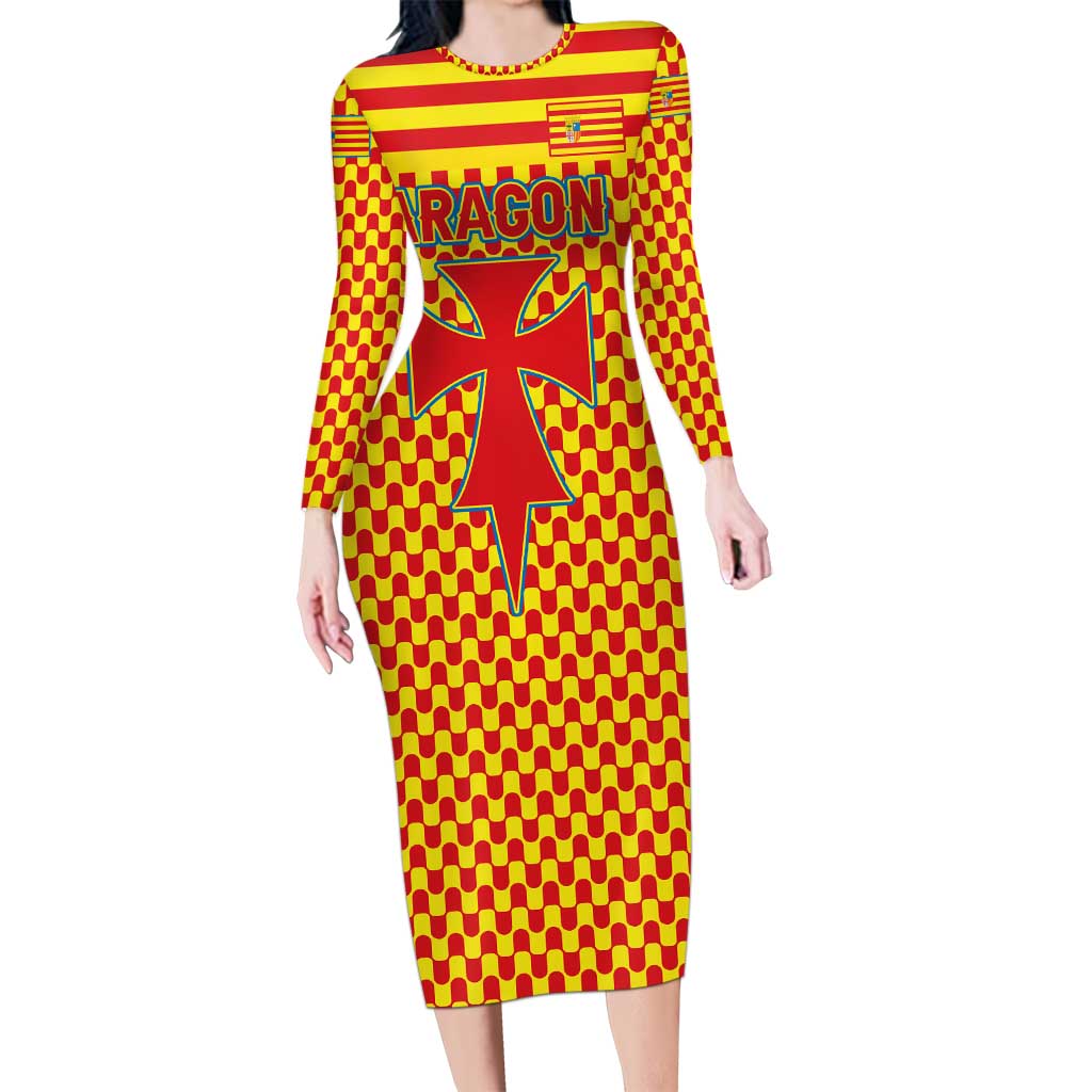 Aragon Flag Long Sleeve Bodycon Dress Autonomous Community of Spain - Wonder Print Shop
