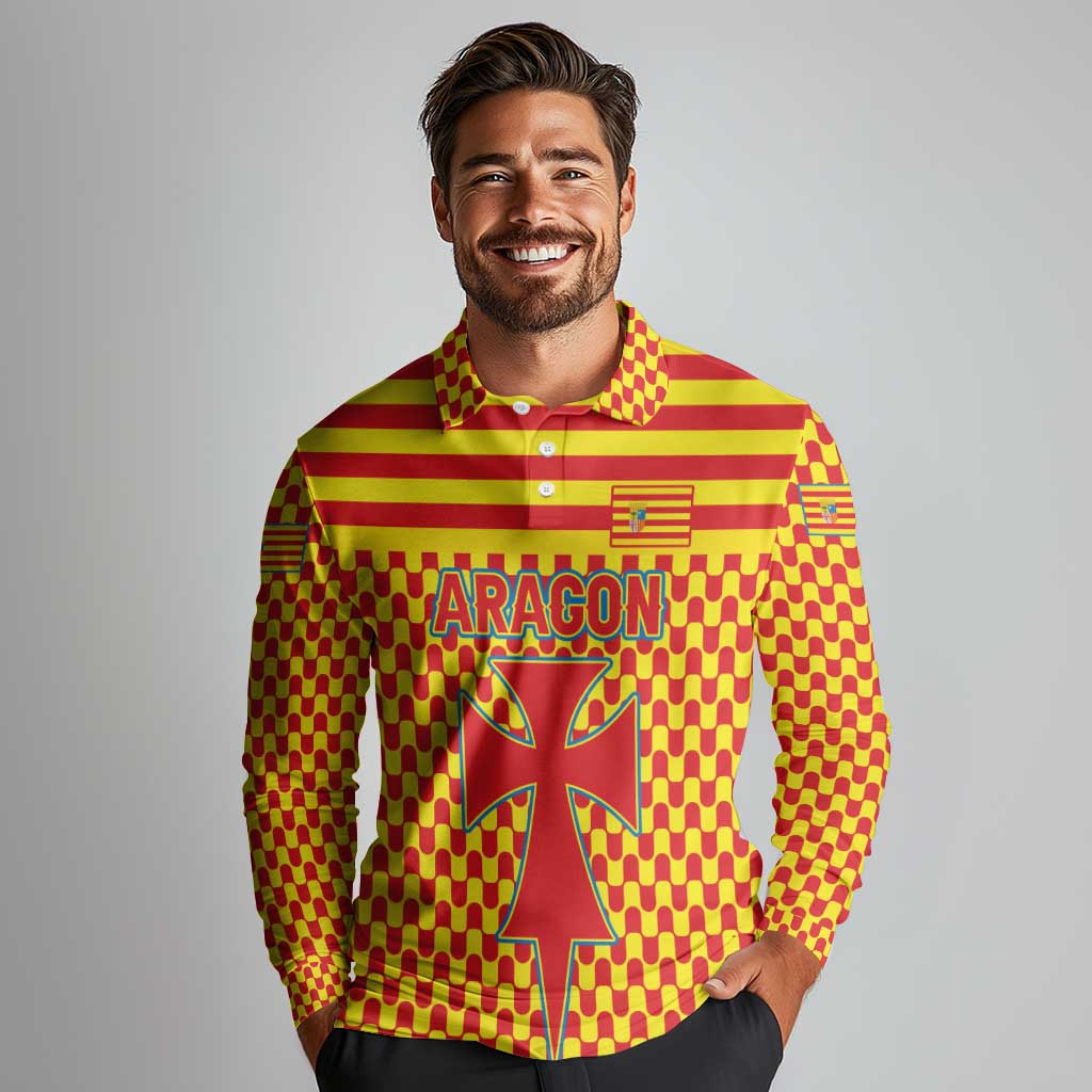 Aragon Flag Long Sleeve Polo Shirt Autonomous Community of Spain - Wonder Print Shop