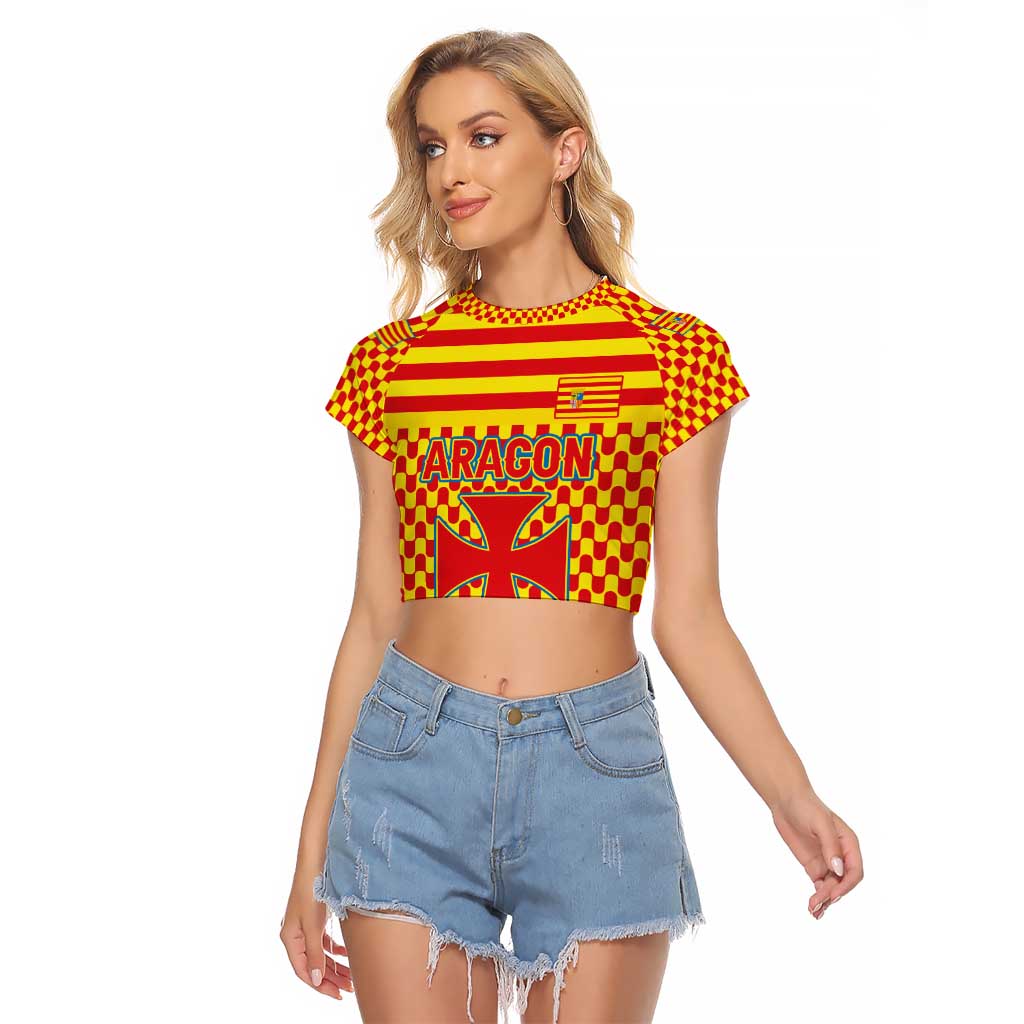 Aragon Flag Raglan Cropped T Shirt Autonomous Community of Spain - Wonder Print Shop