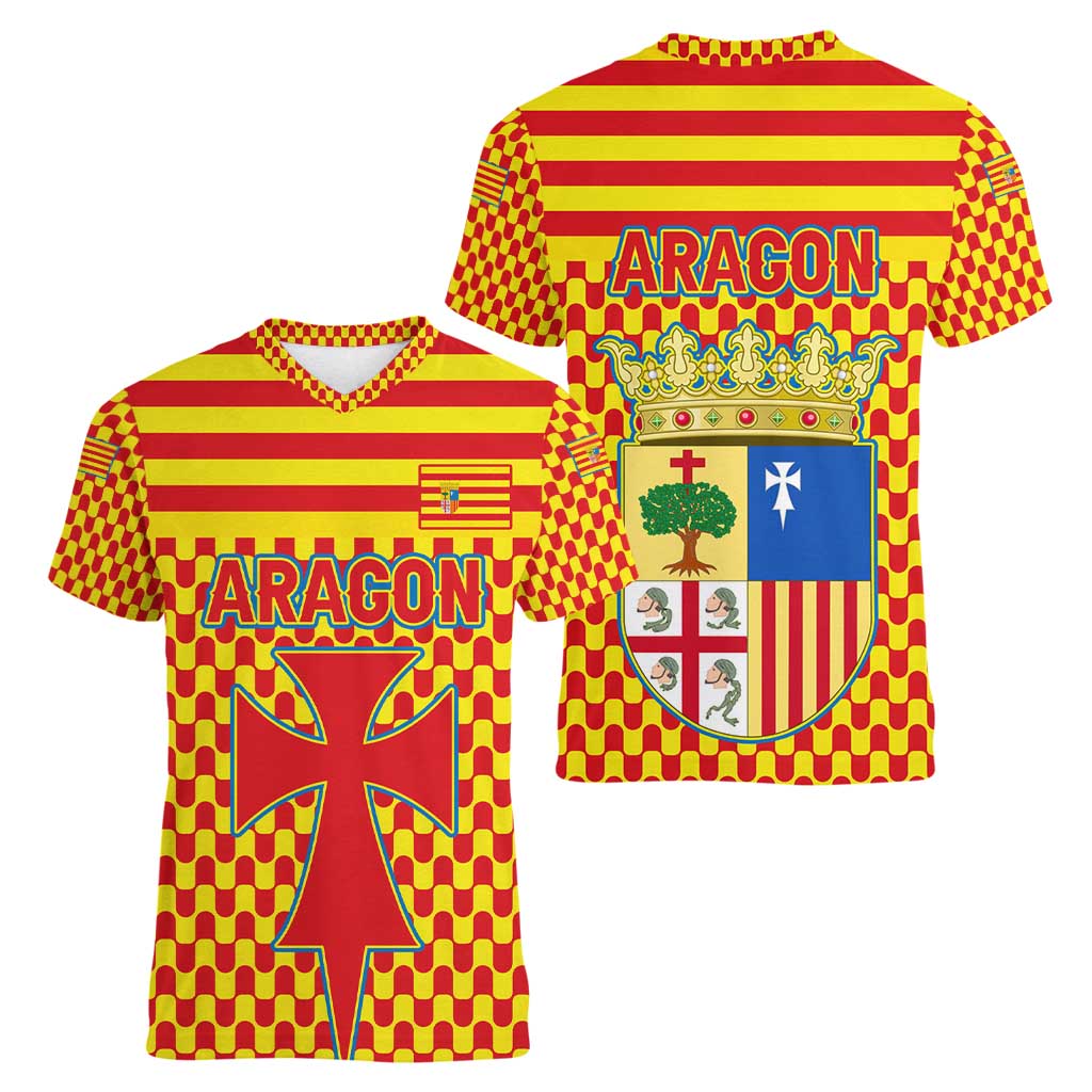 Aragon Flag Women V-Neck T-Shirt Autonomous Community of Spain - Wonder Print Shop