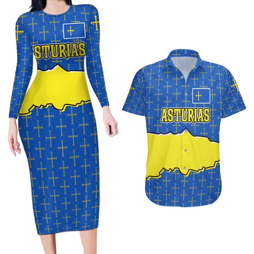 Asturias Flag Couples Matching Long Sleeve Bodycon Dress and Hawaiian Shirt Autonomous Community of Spain - Wonder Print Shop
