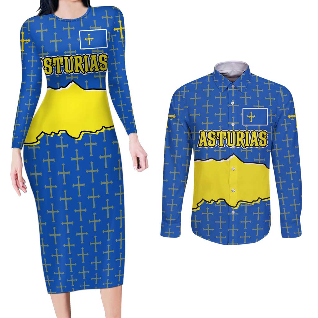 Asturias Flag Couples Matching Long Sleeve Bodycon Dress and Long Sleeve Button Shirt Autonomous Community of Spain - Wonder Print Shop