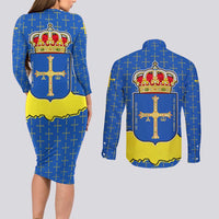 Asturias Flag Couples Matching Long Sleeve Bodycon Dress and Long Sleeve Button Shirt Autonomous Community of Spain - Wonder Print Shop
