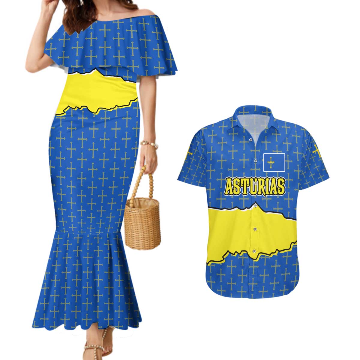 Asturias Flag Couples Matching Mermaid Dress and Hawaiian Shirt Autonomous Community of Spain - Wonder Print Shop