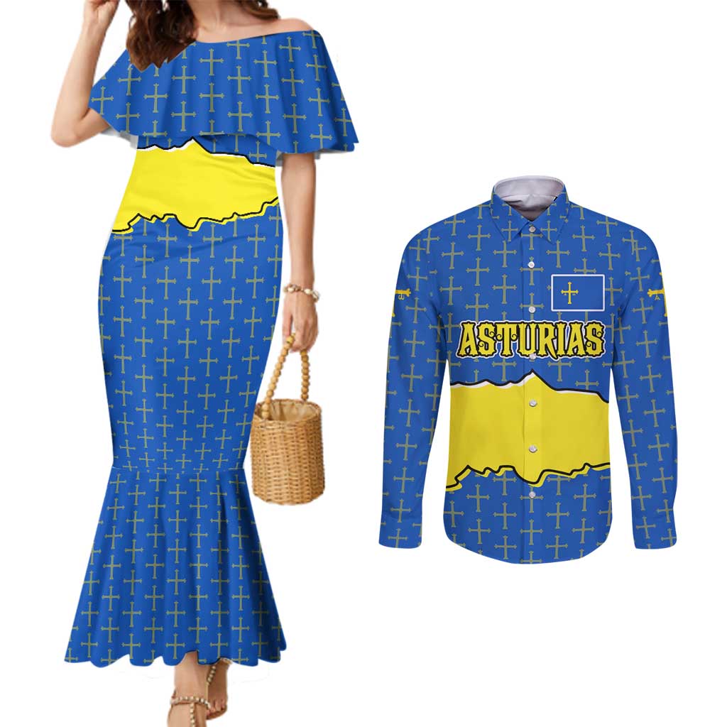Asturias Flag Couples Matching Mermaid Dress and Long Sleeve Button Shirt Autonomous Community of Spain - Wonder Print Shop