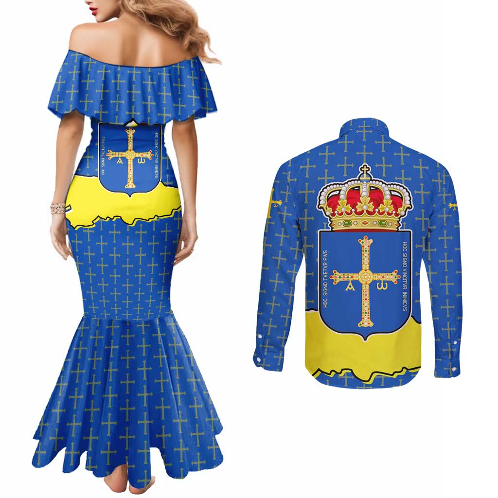 Asturias Flag Couples Matching Mermaid Dress and Long Sleeve Button Shirt Autonomous Community of Spain - Wonder Print Shop