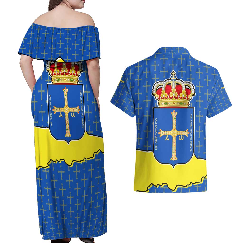 Asturias Flag Couples Matching Off Shoulder Maxi Dress and Hawaiian Shirt Autonomous Community of Spain - Wonder Print Shop