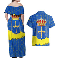 Asturias Flag Couples Matching Off Shoulder Maxi Dress and Hawaiian Shirt Autonomous Community of Spain - Wonder Print Shop
