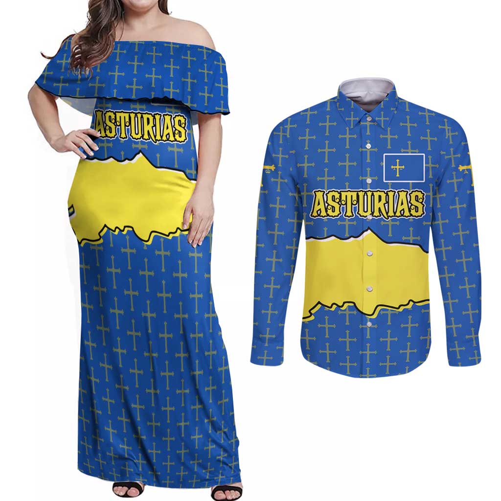 Asturias Flag Couples Matching Off Shoulder Maxi Dress and Long Sleeve Button Shirt Autonomous Community of Spain - Wonder Print Shop