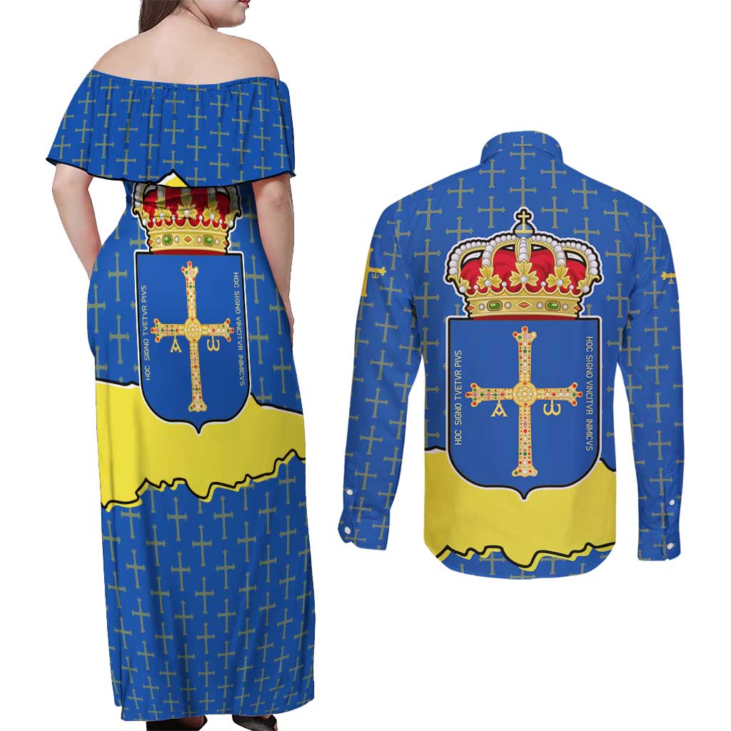 Asturias Flag Couples Matching Off Shoulder Maxi Dress and Long Sleeve Button Shirt Autonomous Community of Spain - Wonder Print Shop
