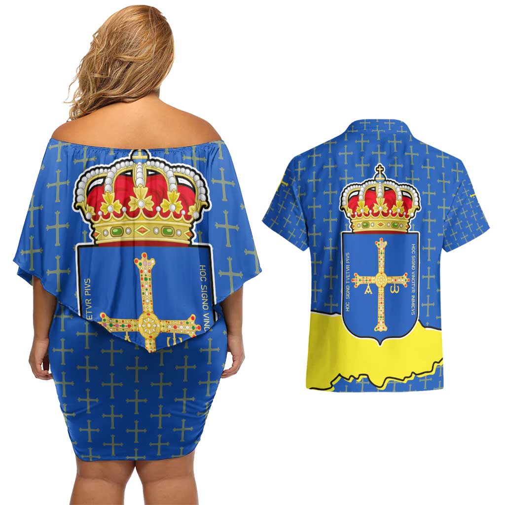 Asturias Flag Couples Matching Off Shoulder Short Dress and Hawaiian Shirt Autonomous Community of Spain - Wonder Print Shop