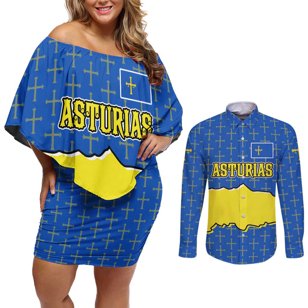 Asturias Flag Couples Matching Off Shoulder Short Dress and Long Sleeve Button Shirt Autonomous Community of Spain - Wonder Print Shop