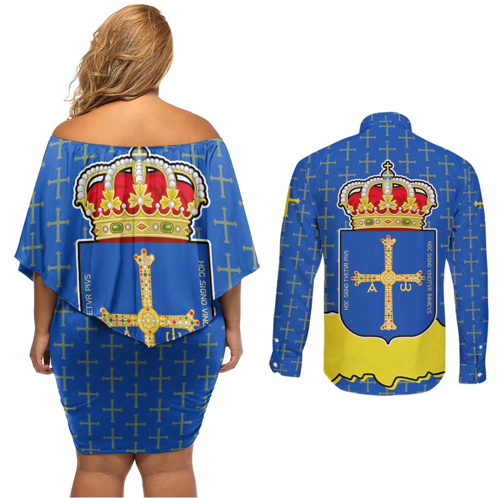 Asturias Flag Couples Matching Off Shoulder Short Dress and Long Sleeve Button Shirt Autonomous Community of Spain - Wonder Print Shop
