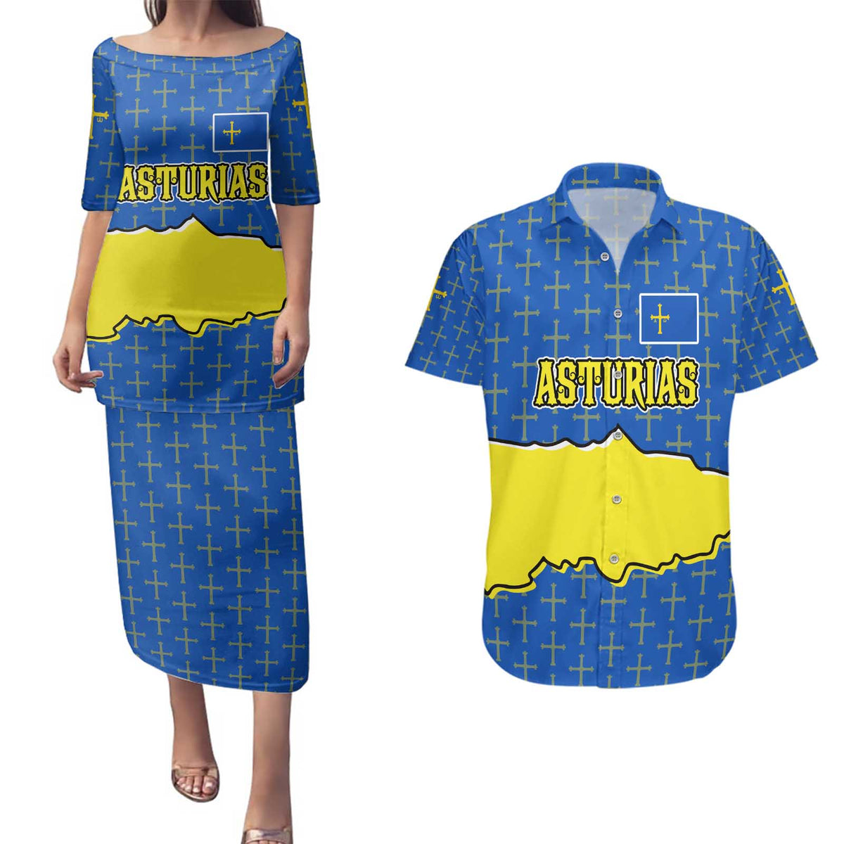 Asturias Flag Couples Matching Puletasi and Hawaiian Shirt Autonomous Community of Spain - Wonder Print Shop