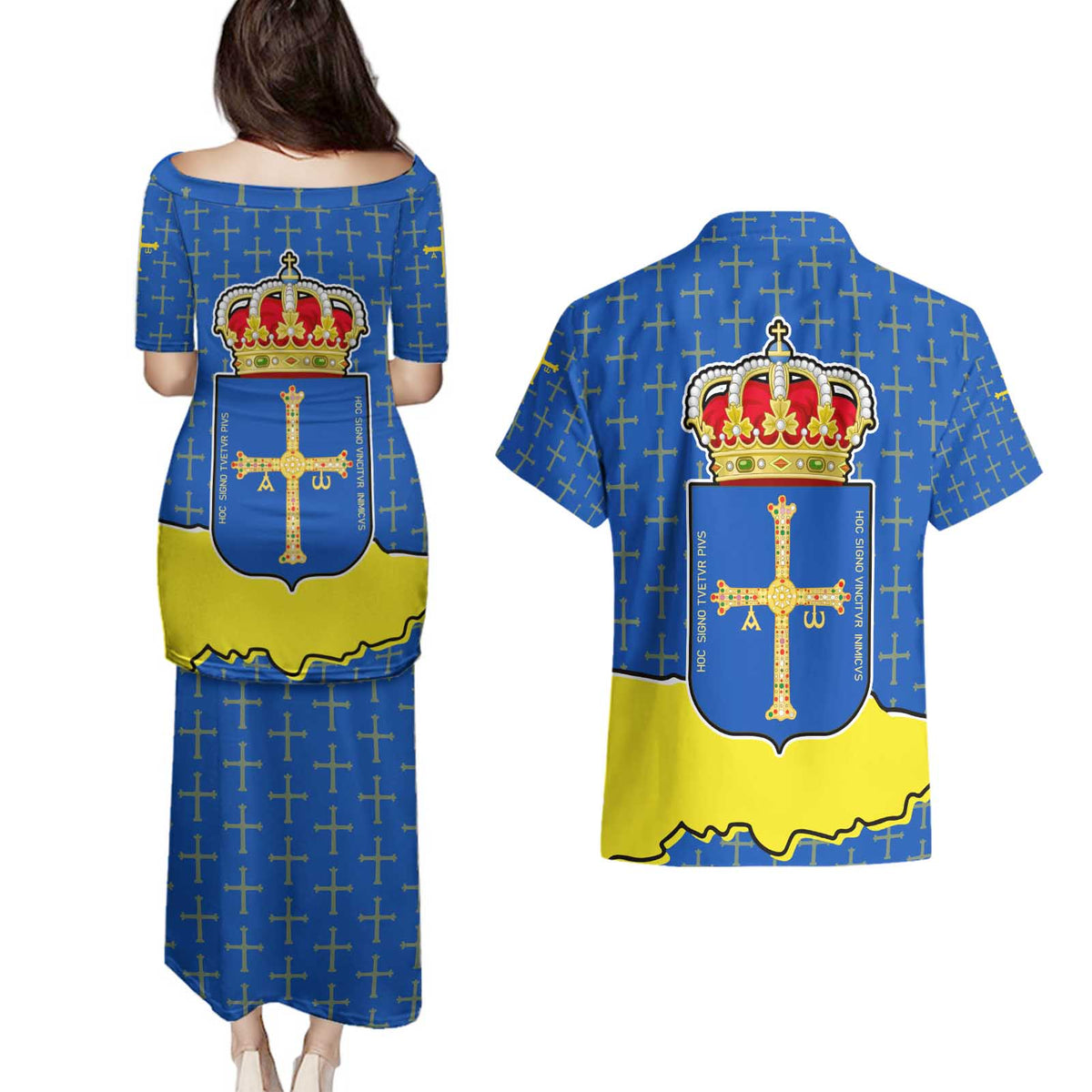 Asturias Flag Couples Matching Puletasi and Hawaiian Shirt Autonomous Community of Spain - Wonder Print Shop