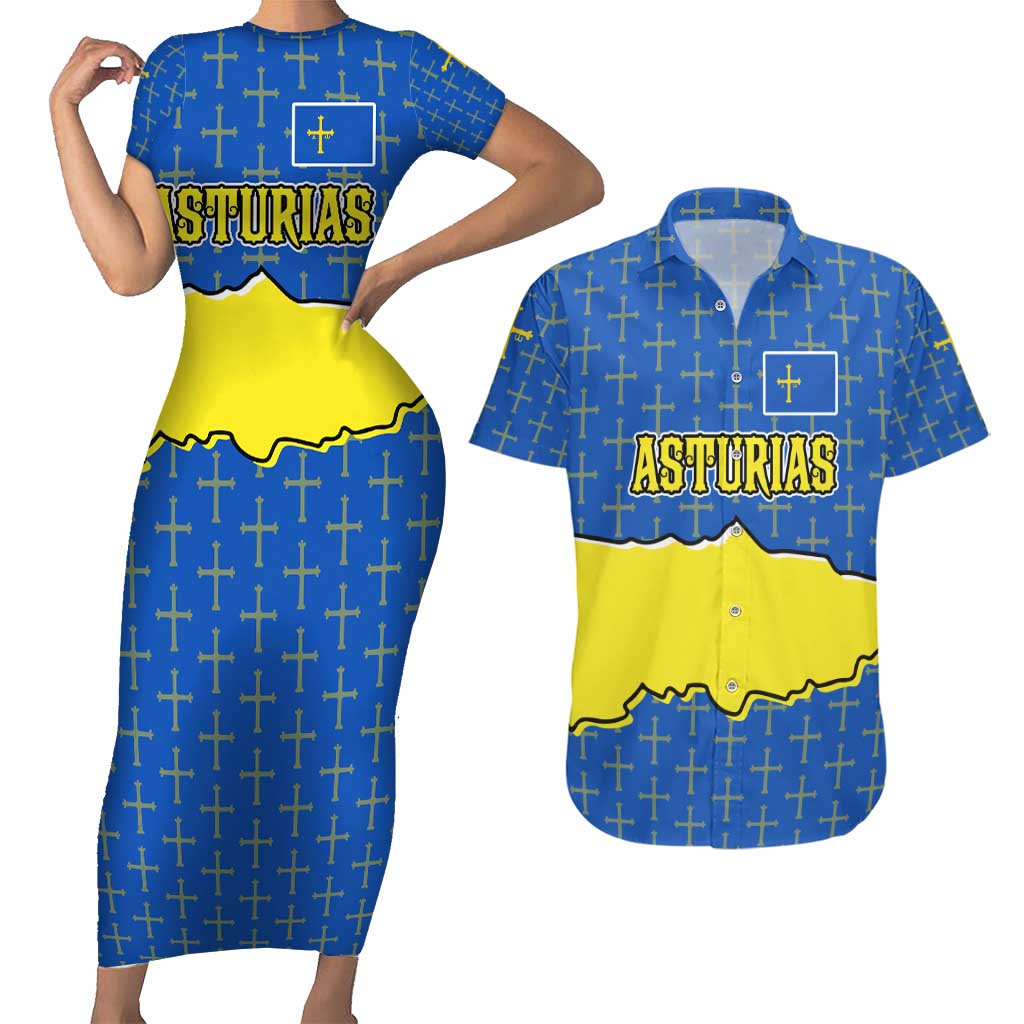Asturias Flag Couples Matching Short Sleeve Bodycon Dress and Hawaiian Shirt Autonomous Community of Spain - Wonder Print Shop
