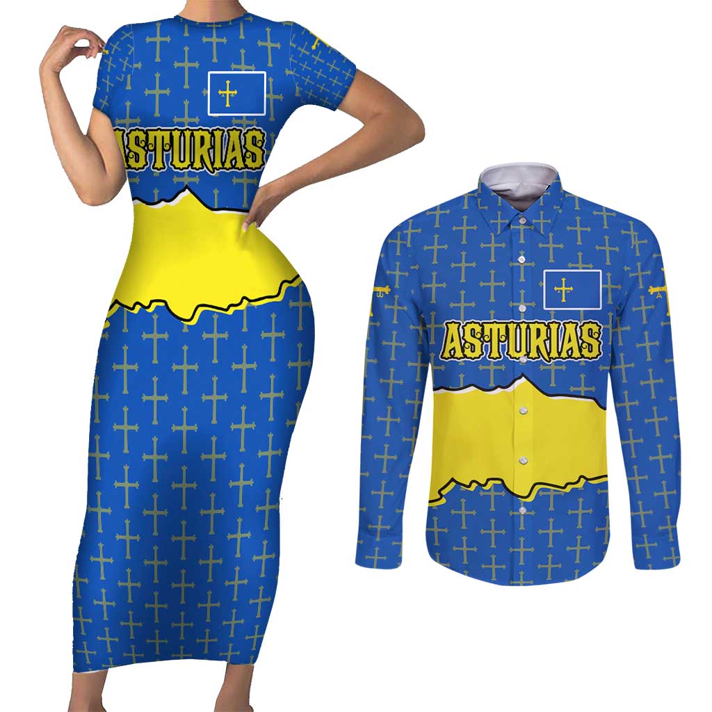 Asturias Flag Couples Matching Short Sleeve Bodycon Dress and Long Sleeve Button Shirt Autonomous Community of Spain - Wonder Print Shop