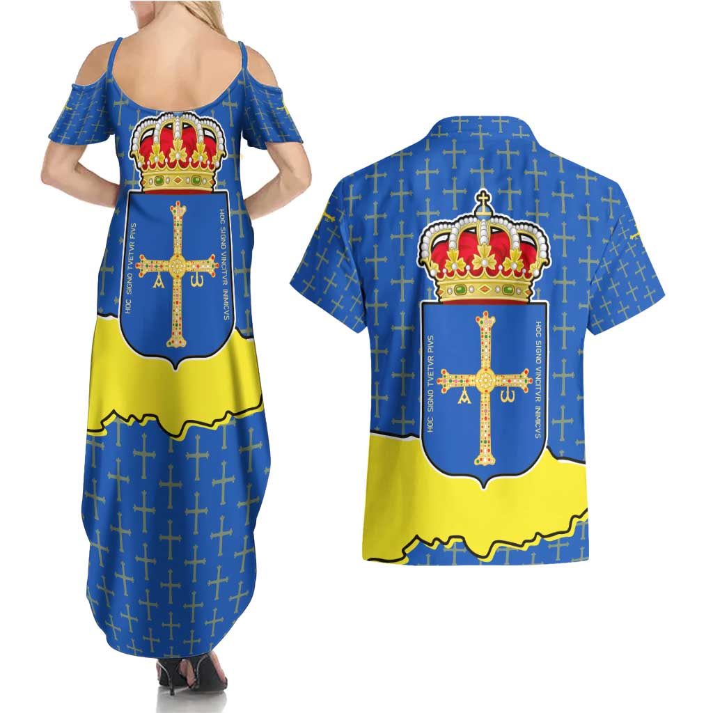Asturias Flag Couples Matching Summer Maxi Dress and Hawaiian Shirt Autonomous Community of Spain - Wonder Print Shop