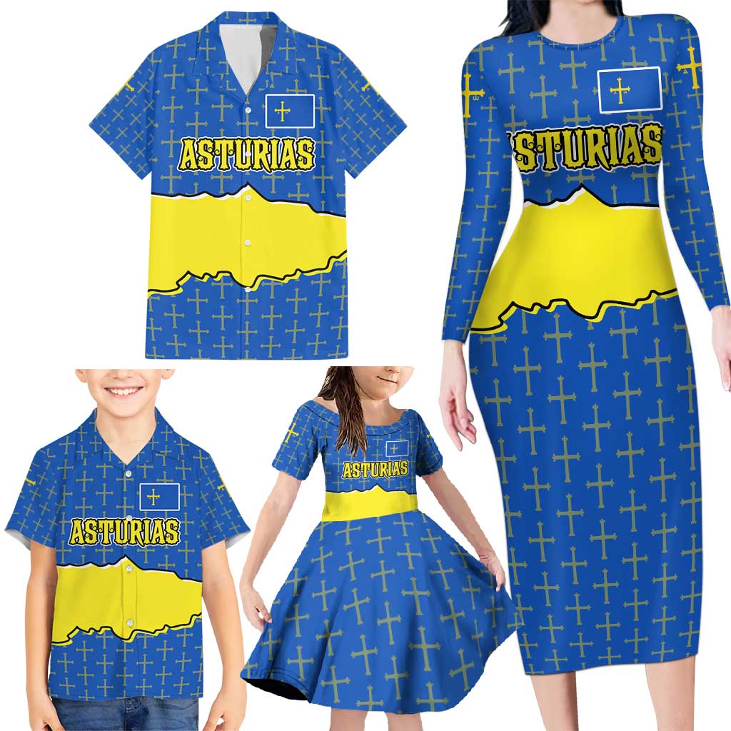 Asturias Flag Family Matching Long Sleeve Bodycon Dress and Hawaiian Shirt Autonomous Community of Spain - Wonder Print Shop