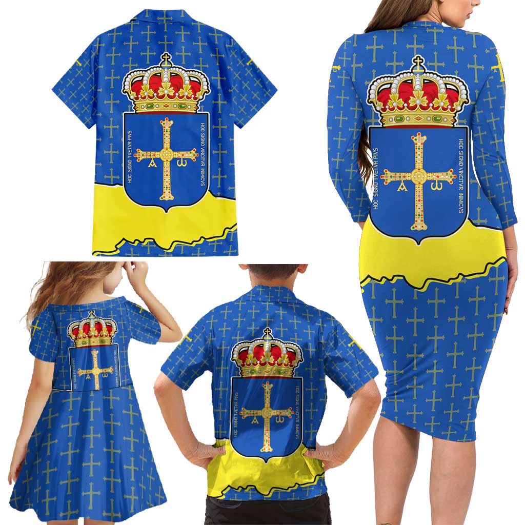 Asturias Flag Family Matching Long Sleeve Bodycon Dress and Hawaiian Shirt Autonomous Community of Spain - Wonder Print Shop