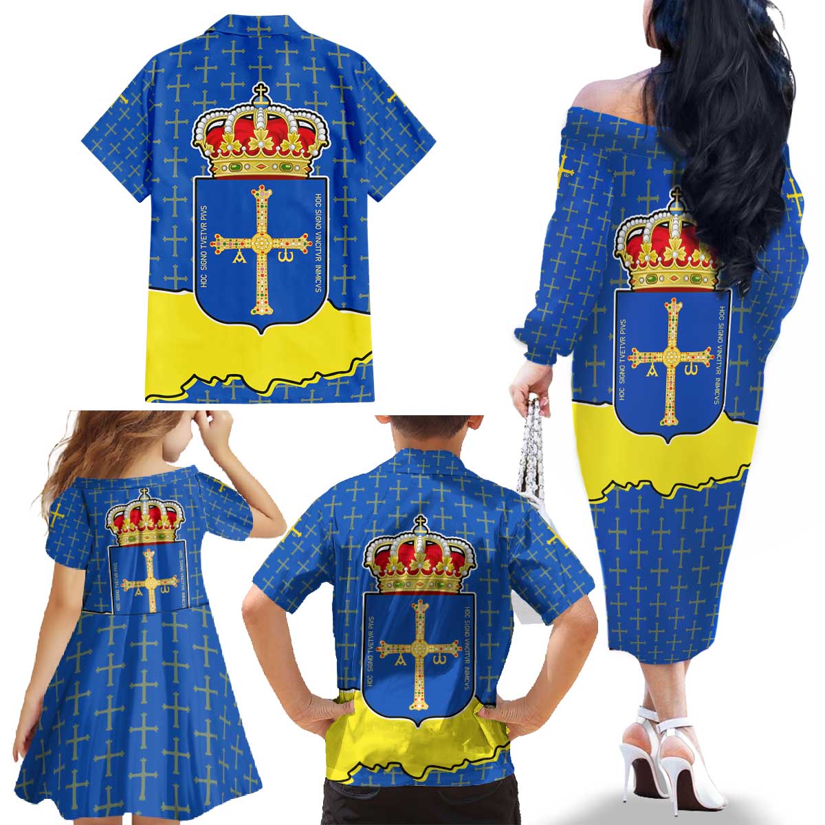 Asturias Flag Family Matching Off The Shoulder Long Sleeve Dress and Hawaiian Shirt Autonomous Community of Spain - Wonder Print Shop