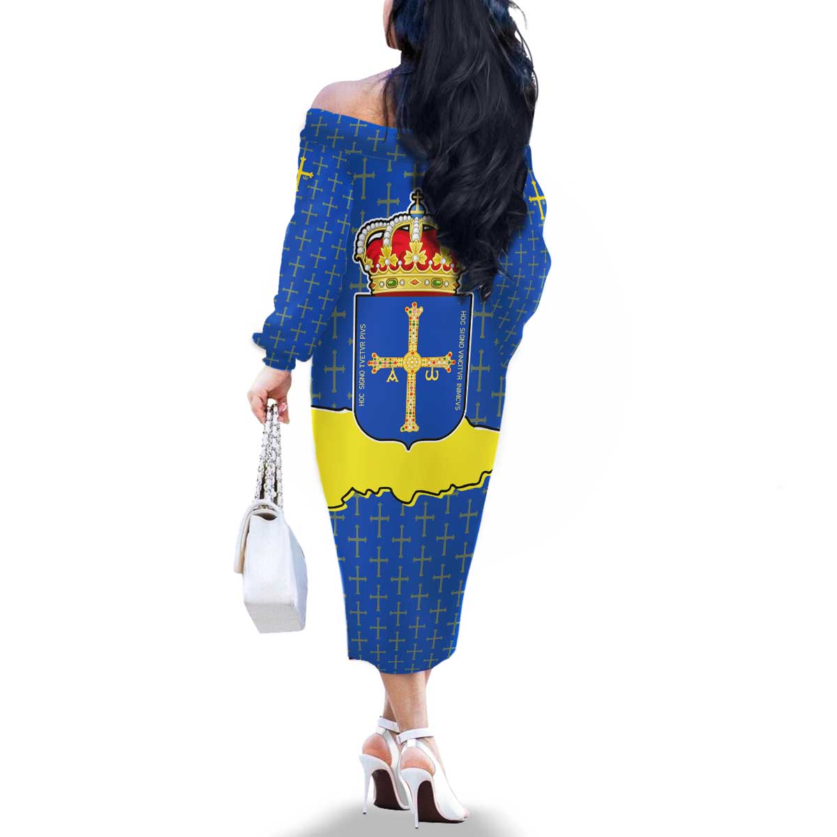 Asturias Flag Family Matching Off The Shoulder Long Sleeve Dress and Hawaiian Shirt Autonomous Community of Spain - Wonder Print Shop