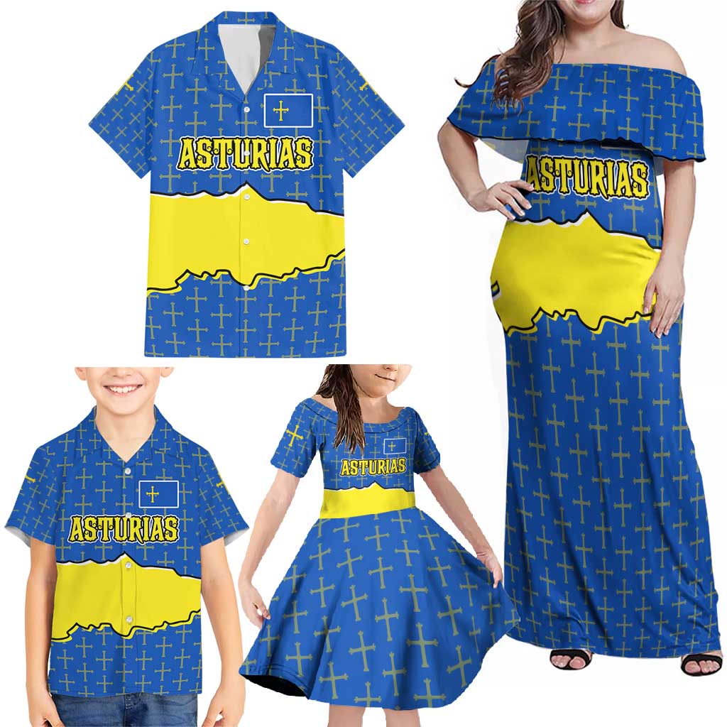 Asturias Flag Family Matching Off Shoulder Maxi Dress and Hawaiian Shirt Autonomous Community of Spain - Wonder Print Shop