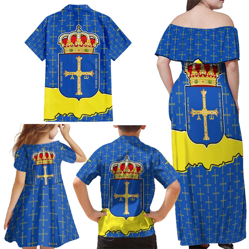 Asturias Flag Family Matching Off Shoulder Maxi Dress and Hawaiian Shirt Autonomous Community of Spain - Wonder Print Shop