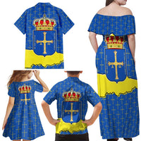 Asturias Flag Family Matching Off Shoulder Maxi Dress and Hawaiian Shirt Autonomous Community of Spain - Wonder Print Shop