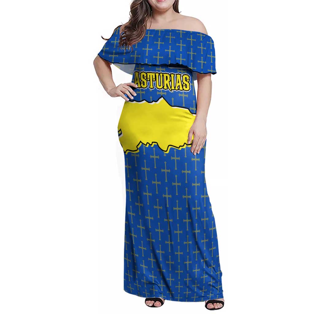 Asturias Flag Family Matching Off Shoulder Maxi Dress and Hawaiian Shirt Autonomous Community of Spain - Wonder Print Shop