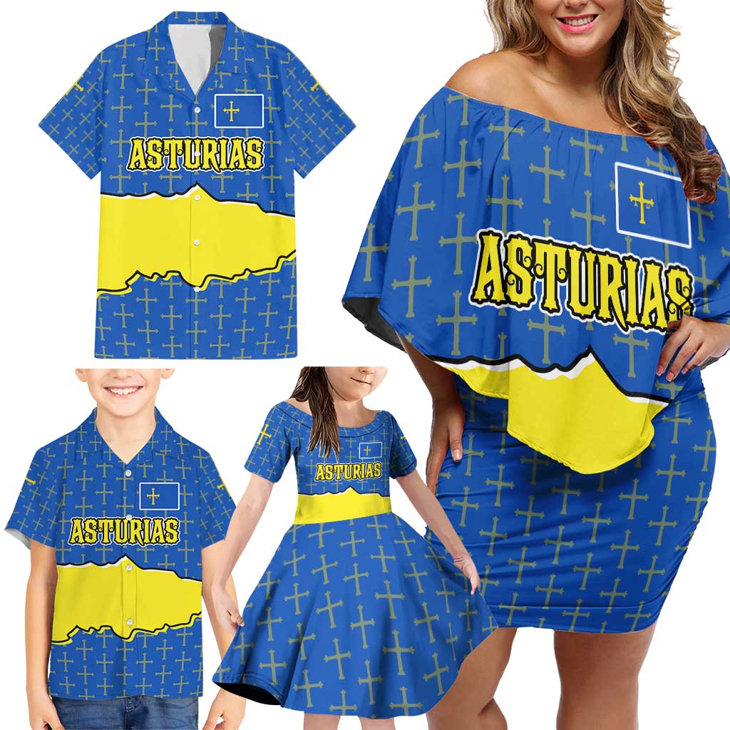 Asturias Flag Family Matching Off Shoulder Short Dress and Hawaiian Shirt Autonomous Community of Spain - Wonder Print Shop